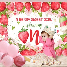 ASDCXZ 1st Birthday Backdrop Girl 2.2x1.5m, Cute Pink Strawberry Ice Cream Green Leaves 1st Birthday Girl Photo Backdrop, Vinyl Photography Backdrop for Girl's Birthday Party Decoration