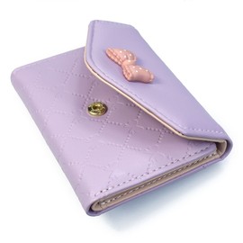 Womens Girls Wallet Cute Bowknot Trifold Wallet Leather Purse Small Slim Short Wallet Cash Card Holder Bag, Purple, Cute, Trifold, Tiny
