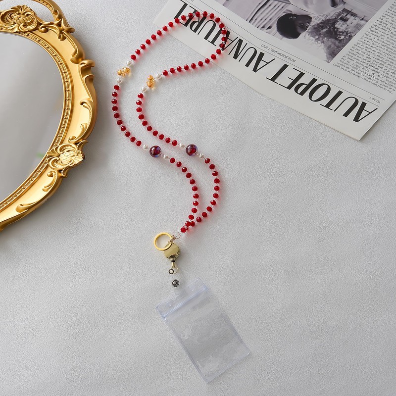 [Kizvora] Red Crystal Beaded Lanyard for ID Badges & Keys