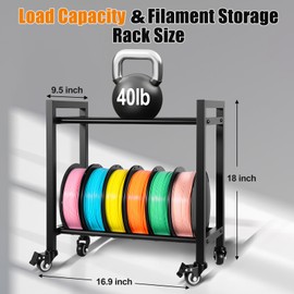 3D Printer Filament Storage Rack, 2-Tier 3D Printer Filament Spool Holder Rack with Wheels, Heavy Duty Metal Filament Shelf for PLA/ABS/TPU, Filaments Organized for 3D Printing Studio, Office Workshop