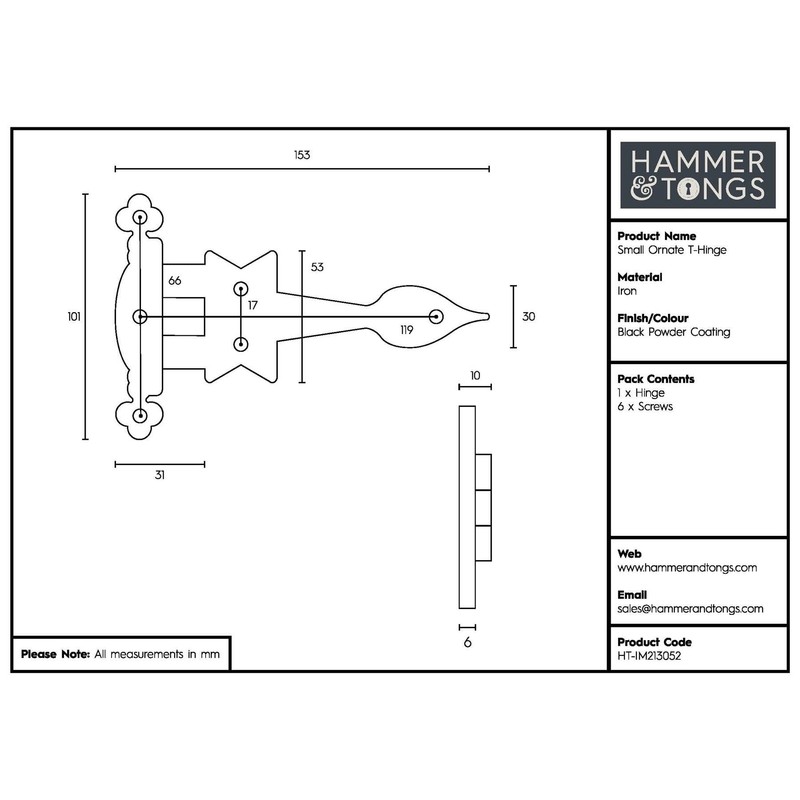 Hammer and Tongs - Ornate T-Hinge - W155mm - Black