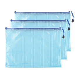 Skweawert 3 Pcs 11.42" x 8.27" B5 Sizes Mesh Zipper Pouch Bags, Mesh Bags with Zipper，Waterproof Clear document pouch for Organization Puzzles Travel, Office, Classroom Organization, B5 Blue
