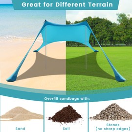 Beach Tent Sun Shelter - 9.8 x 6.5 Ft UPF50+ UV Protection Beach Canopy with Poles, Sandbags,Grond Pegs and Anti-Wind Ropes for Camping, Fishing, Backyard Fun