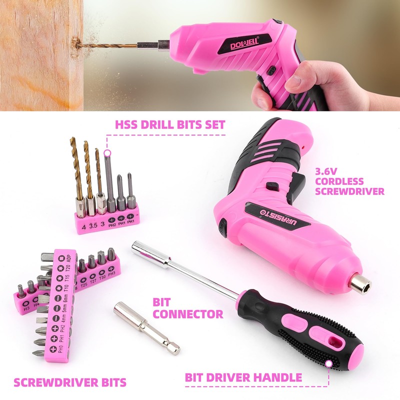 URASISTO 123 Piece Pink Household Tool Set with 3.6V USB