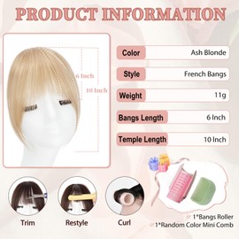 EINAEY Clip in Bangs, 100% Real Human Hair Ash Blonde Fake Bangs Hairpieces for Women Fringe with Temples French Bangs Clip in Hair Extensions for Daily Wear