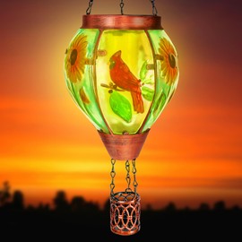 Solar Hot Air Balloon Lantern with Flame， Cardinal Glass Solar Hanging Lights Outdoor Yard Patio Farmhouse Decoration, Cardinal Gifts for Women Grandma Mom - Cardinal