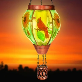 Solar Hot Air Balloon Lantern with Flame， Cardinal Glass Solar Hanging Lights Outdoor Yard Patio Farmhouse Decoration, Cardinal Gifts for Women Grandma Mom - Cardinal