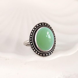 Retro Sterling Silver Green Dongling Jade Stone Ring,Antique Vintage Natural Real Genuine Oval Crystal Gem Stone Boho Bohemian Jewelry for Women (A12_Dongling Jade, 9)