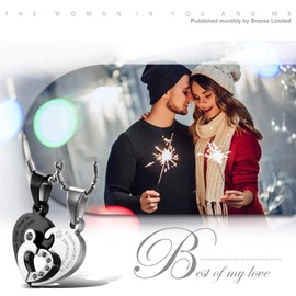 Cupimatch Couple Heart Necklace for 2 Men Women Stainless Steel I Love You Heart Rhinestone Puzzle Matching Pendant Pair Necklace with 50 cm & 55 cm Chain Partner Bracelets, Stainless Steel, Crystal