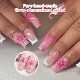 Pink Press on Nails Medium Square Fake Nails French Tip False Nails with 3D Flower Design Glossy Glue on Nails Ombre Acrylic Nails Full Cover Stick on Nails for Women Spring Manicure 24Pcs