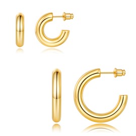 2 Pairs Gold Hoop Earrings for Women, 14K Gold Plated Chunky Hoop Earrings for Women Girls Gold Hoops Thick Chunky Gold Hoop Earrings for Women Trendy Small Gold Hoop Earrings Set for Women 20/30mm