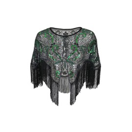 1920s Lace shawl gatsby bolero sequin shrug wrap cape for girls women flapper art deco evening costume (One Size) (Green)