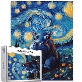 Cute Little Hippo 1000 Piece Jigsaw Puzzles for Adults Van Gogh Starry Night Style Art Jigsaw Puzzle Colorful DIY Puzzles for Home Decoration Gifts Family Puzzle Perfect for Game Nights 20×27 Inches