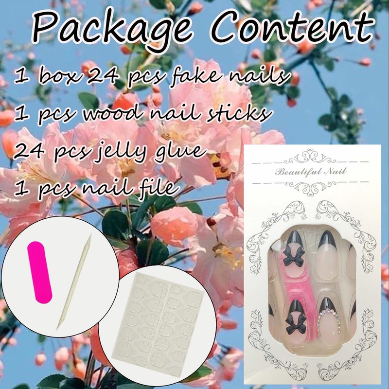 24Pcs Black French Tip Press on Nails Almond Medium Fake