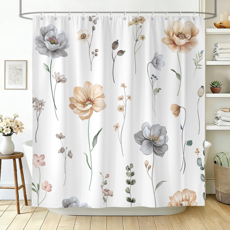 Spring Watercolor Beige Gray Floral Shower Curtain 72X72Inch