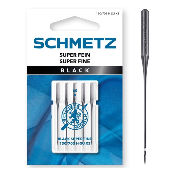 SCHMETZ Sewing Machine Needles, 5 Black Super Fine Needles, 130/705 H-SU XS, Needle Thickness 60/8, Slim Needle with Non-Stick Coating for Gentle Processing of Delicate Fine Fabrics