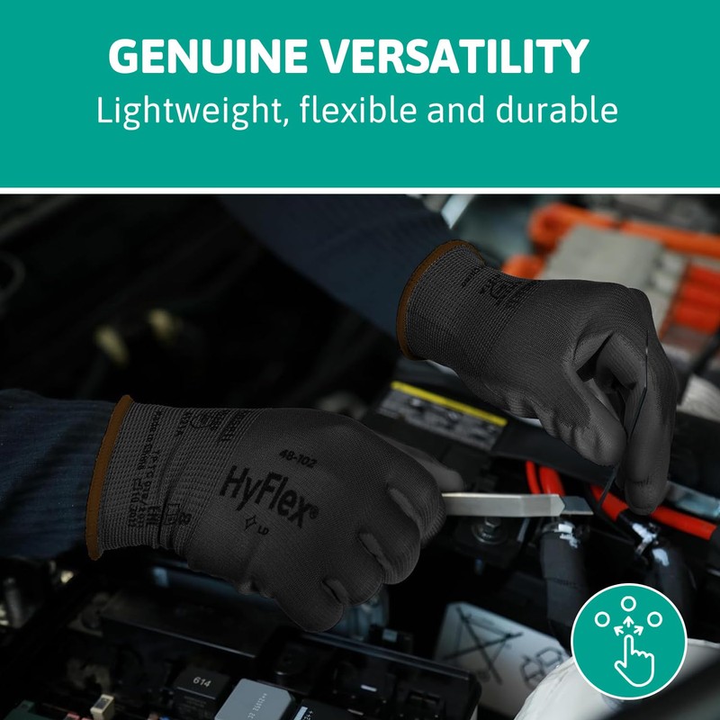 Ansell HyFlex 48-101 Thin Work Gloves, Stretch Fit Nylon Liner