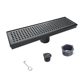 Bernkot Linear Shower Drain 12", 304 Stainless Steel Floor Drain with Grid Drain Cover & Hair Strainer, Rectangular Shower Drain w/CUPC Certified, Matte Black