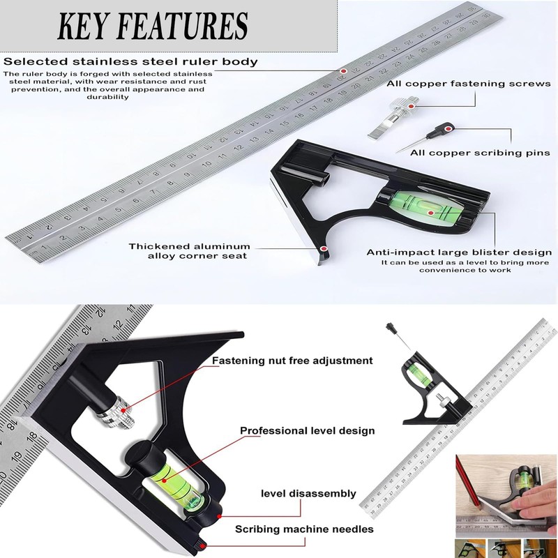 Combination Square 300mm(12") Adjustable Carpentry Square Stainless Steel Angle Ruler