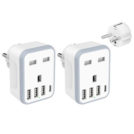 Loydia European to UK Plug Adaptor, 2 Pack Europe Travel Plug Adapter, Travel Adapter UK to Europe with 3 USB &1 USB C Ports, UK to European Plug Adapter Type E/F for Germany, France, Spain, Portugal