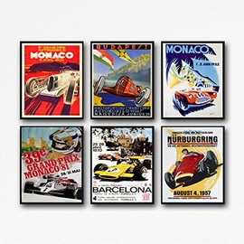 Wallbuddy Set of 6 Car Racing Grand Prix Posters F1 Poster Formula 1 Poster Car Racing Print Motor Racing Poster 1930, 1936, 1937, 1952, 1966, 1970 (8 x 10)