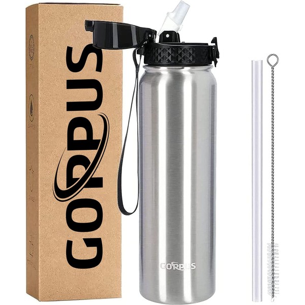 GOPPUS 1L/32oz Thermosflasche mit Strohhalm Doppelschicht Edelstahl Trinkflasche 1 Liter