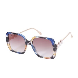 LIFKOME Fashionable Outdoor Sunglasses with Pearls Durable Square Glasses for Women Blue Floral Frame with Tea Color Lens Comfortable Nose Holder Stylish Eye Decoration
