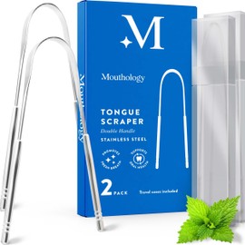 Mouthology Tongue Scraper (2 Pack), Reduce Bad Breath (Travel Cases Included), Stainless Steel Tongue Cleaners, Metal Tongue Scraper, Tongue Scraper for Adults - Fresher Breath in Seconds