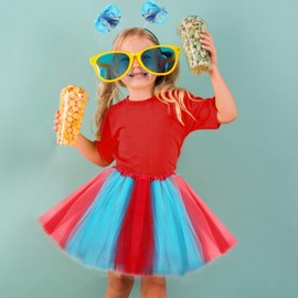 KDVOG Girl's Tulle Tutu Costumes Accessories Set, Kids Red T Shirt Tutu Skirt Striped Thigh High Socks Blue Headband for Age 5-12