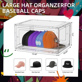 Hat Organizer Box for Baseball Caps, 4 Pack Clear Plastic Hat Storage Box, Hat Holder for Closet, Hat Display Case with Magnetic Door, Hat Rack, Snapback Organizer, Hat Case, Hold 8 Cap Each