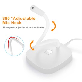 Desktop Computer Microphone USB Wired Microphone 360 Degrees Omnidirectional Condenser Mic Adjustable Neck with Mute Touch-Button Plug & Play for Computer PC Laptop Office Meeting Recording Games
