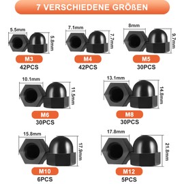 Cap Nuts High Shape Set 185 Pieces M3/M4/M5/M6/M8/M10/M12 Hexagonal Cap Nuts Galvanised Cap Nuts Corrosion Resistance Dome Nuts Cap Nuts for Furniture Vehicle Fixings (Black/Nylon)