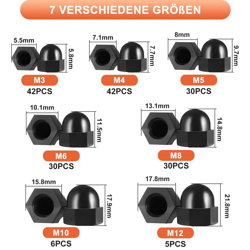 Cap Nuts High Shape Set 185 Pieces M3/M4/M5/M6/M8/M10/M12 Hexagonal Cap