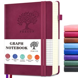 PERCUN Graph Paper Notebook, 160 Pages Grid Journal for women & men, A5 Hardcover Leather Graphing Notebook for School, Work, Travel, Note Taking 5.9”x8.5” (Burgundy)