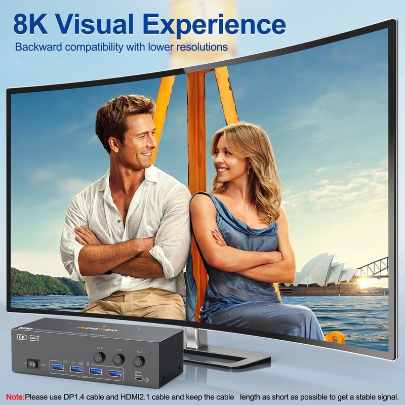 8K HDMI DP KVM Switch 3 Monitors 3 Computers, 8K@60Hz/4K@144Hz