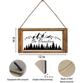 Mdulftar On Vacation Wooden Hanging Sign Mountain Woodland Pine Tree Woods Door Sign Farmhouse Rustic Front Door Hanger Sign for Indoor Outdoor Home Porch Window Decor 12x6 Inch