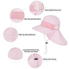Baby Sun Hat UV Protection for Head Neck Eyes Wide Brim Neck Flap for Girls Boys Summer Water Flap Kids Swim Hat Outdoor Beach Play Hats for Infant Toddler Pink 2-6 Years
