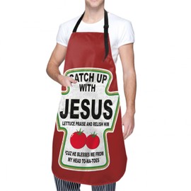 Granbey Christmas Apron Funny Text Catch Up With Jesus Christian Aprons Holiday Celebration Ketchup Print Chef Oxford Aprons with 2 Pockets and Adjustable Neck Straps for Kitchen Cooking Baking BBQ