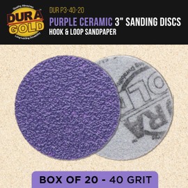 Dura-Gold Premium 40 Grit 3" Purple Film Ceramic Sanding Discs, Box of 20 - Hook & Loop Backing Sandpaper for DA Sander, Drill, Grinder, Rotary Tool - Sand Auto Body Paint, Metal, Wood, Woodworking