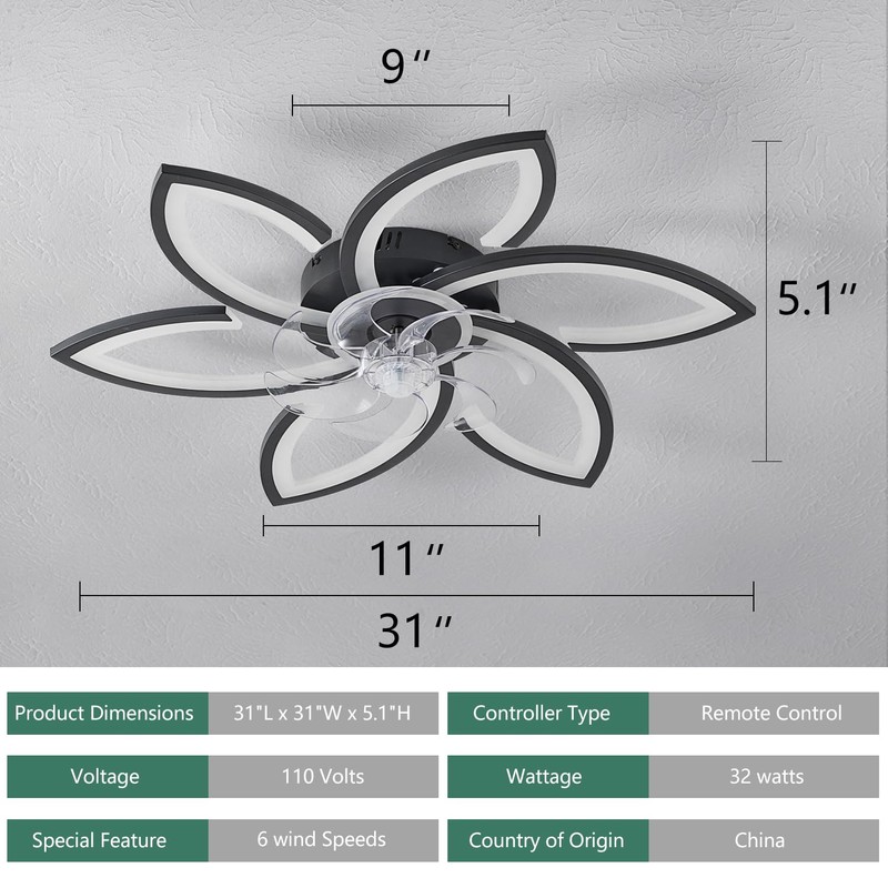Ruibutrade 30inch Black Flower Modern CeilingFans with Lights, Low Profile