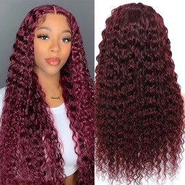 Wighottie 99j Burgundy Deep Wave Lace Front Wigs Human Hair Glueless Wigs Human Hair Pre Plucked Pre Cut 5X5 HD Lace Closure Wigs Curly 180% Density Lace Front Wigs for Black Women 18 Inch