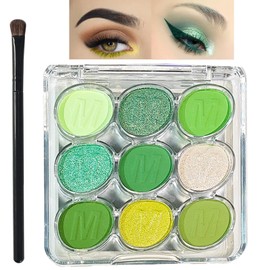 Green Eyeshadow Palette, 9 Colours Glitter Eye Shadow Makeup, Green Eye Shadow Pallets For Women, Shiny Sparkle Shimmer Matte Green Eyeshadow, Yellow White Mint Green MakeUp Palette with Brush