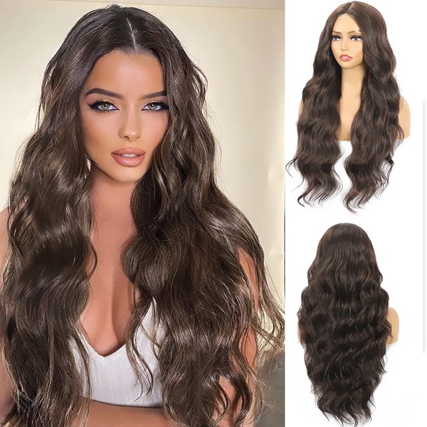 MSMUSAS 28 Inch Long Wavy Wig Middle Part Brown Wig