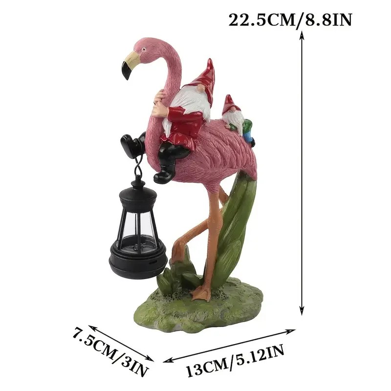 Solar Powered Pink Flamingo Garden Sculpture with Gnomes, Handcrafted Resin