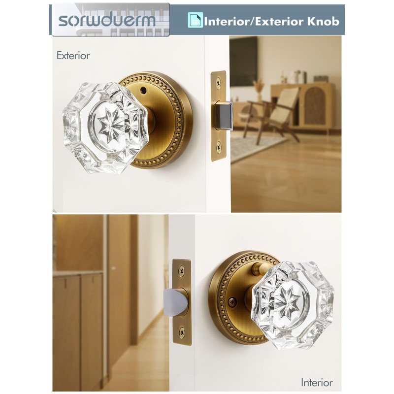 SORWDUERM Antique Brass Door Knobs Crystal Door Knob Interior Privacy