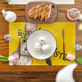 Artoid Mode Yellow Bunny Rabbits Easter Placemats Set of 4, 12x18 Inch Flower Seasonal Spring Holiday Table Mats for Party Kitchen Dining Decoration