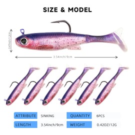 Bnqoe Swim Baits for Bass Fishing, Soft Plastic Walleye Fishing Lures, Paddle Tail Swim Baits Kit for Bass Trout Walleye Crappie, Mixed Colors Fishing Soft Plastic Lure Kit (F-6pcs Purple)