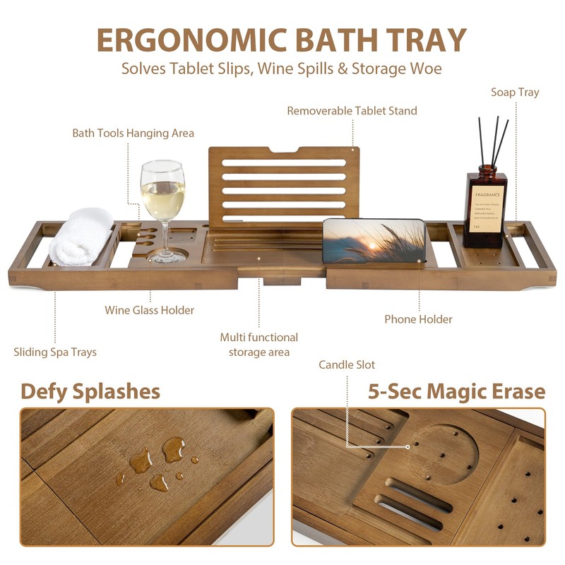 Realgulf Bamboo Bathtub Tray Caddy - Splash-Proof Adjustable (28.5-40") with
