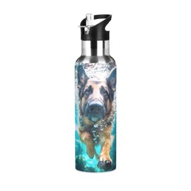 German Shepherd Dog Underwater Water Bottle with Straw Lid Kids Insulated Stainless Steel Water Flask Sports, 20 Oz Hot Cold