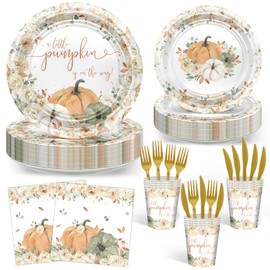 Avezano 144 pcs Fall Baby Shower Decorations Plates and Napkins Disposable Tableware Set Neutral Floral Little Pumpkin Baby Shower Decorations, Serves 24